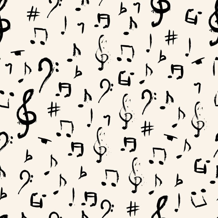 Behang Seamless pattern design with hand drawn musical notes. Vector illustration. For print, digital paper, textile, fabric, hand drawn textures