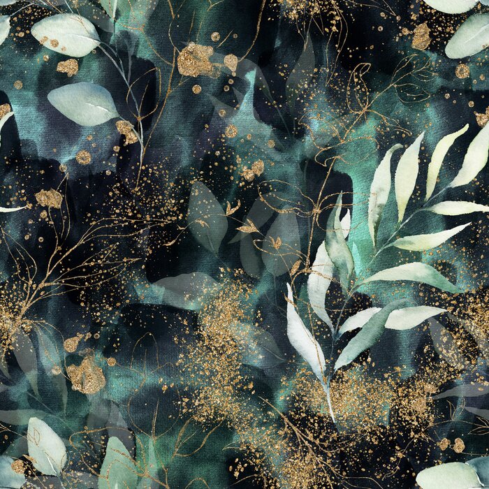 Behang Seamless pattern. Floral branch on gold, dark, navy, purple, emerald, green and turquoise watercolor texture design. Rough brush stroke. Illustration. Liquid, water, fluid, cloud, abstract background.