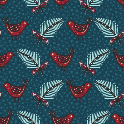 Behang Seamless pattern. Hand drawn Christmas robin bird background. Frosty fir snowflakes all over print. Winter holidays wrap paper. Festive winter illustration. Traditional yule home decor. Vector swatch