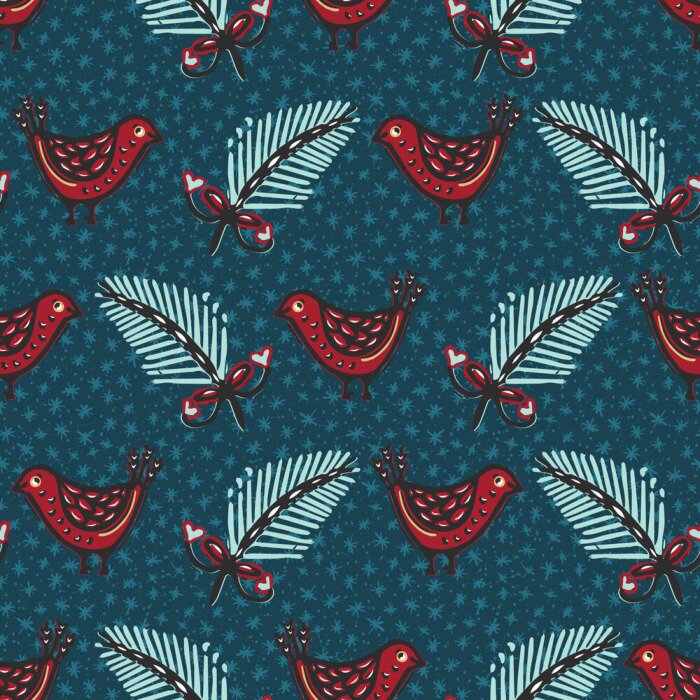 Behang Seamless pattern. Hand drawn Christmas robin bird background. Frosty fir snowflakes all over print. Winter holidays wrap paper. Festive winter illustration. Traditional yule home decor. Vector swatch