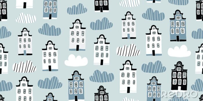 Behang Seamless pattern, hand drawn scandinavian houses