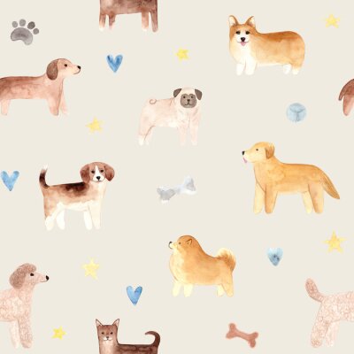 Behang Seamless pattern. Hand drawn watercolor dogs. Painted collection Illustration