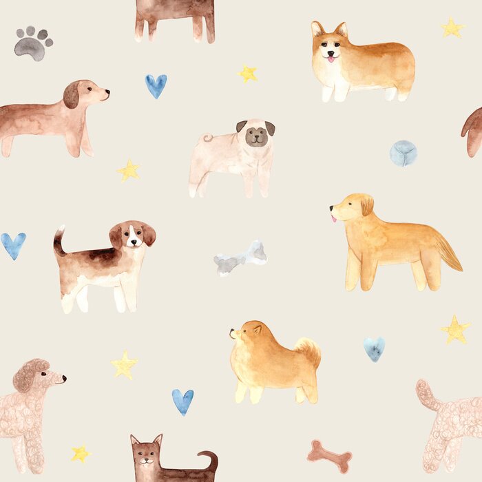 Behang Seamless pattern. Hand drawn watercolor dogs. Painted collection Illustration