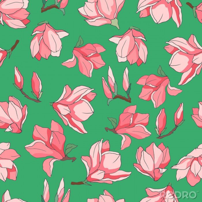 Behang seamless pattern in bright colors, with magnolia flowers, wallpaper ornament, wrapping paper