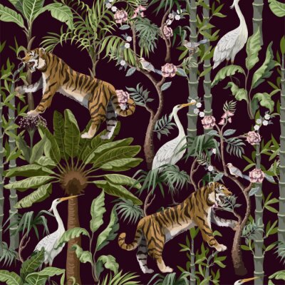 Behang Seamless pattern in chinoiserie style with tiger, heron and jungle trees.