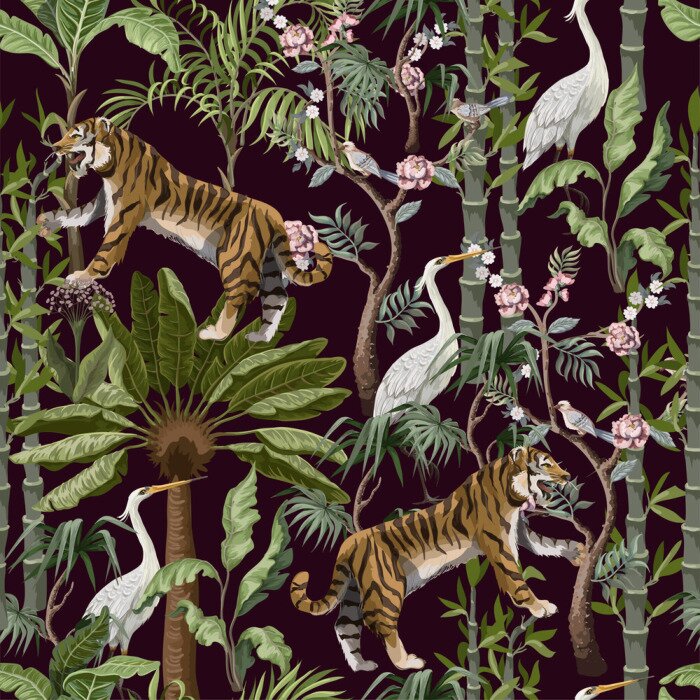 Behang Seamless pattern in chinoiserie style with tiger, heron and jungle trees.