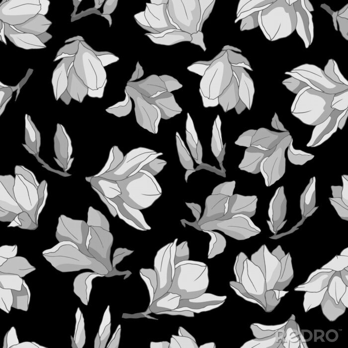Behang seamless pattern in monochrome gray, with magnolia flowers, wallpaper ornament, wrapping paper
