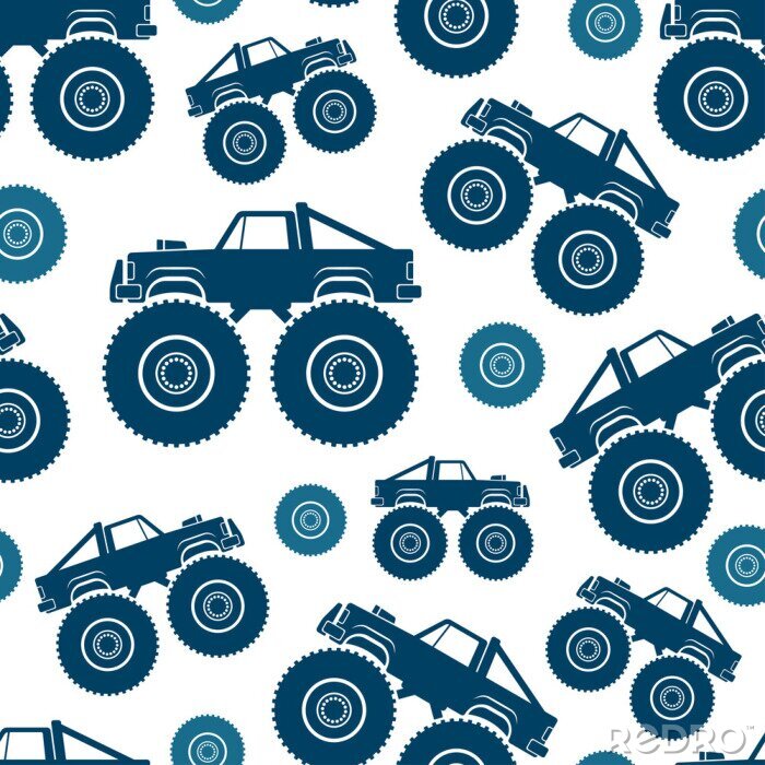 Behang Seamless pattern. Monster Truck Vector drawing. Isolated object on a white background. Texture.
