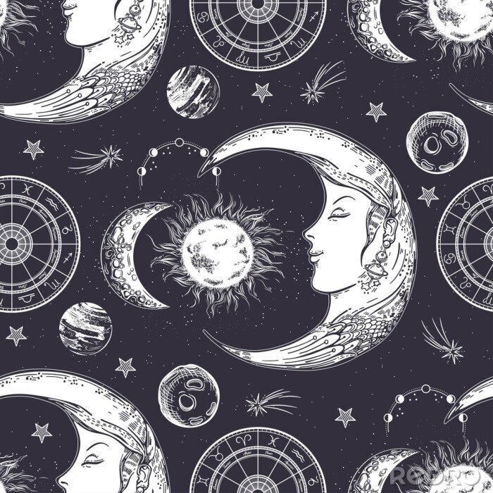 Behang Seamless pattern. Moon face, phases of the moon, sun and crescent. Zodiac circle.
