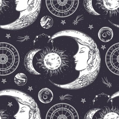 Behang Seamless pattern. Moon face, phases of the moon, sun and crescent. Zodiac circle.