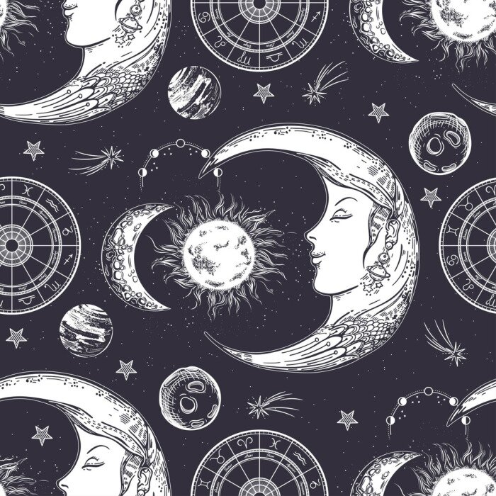Behang Seamless pattern. Moon face, phases of the moon, sun and crescent. Zodiac circle.