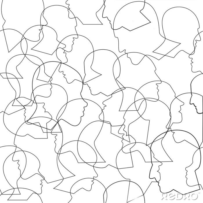 Behang Seamless pattern of a crowd of many different people profile heads. Vector background.