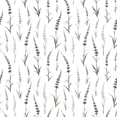 Behang Seamless pattern of abstract plants similar to mint or lavender on a white background, watercolor drawing, print for fabric and other designs.