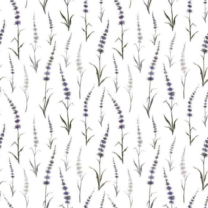 Behang Seamless pattern of abstract plants similar to mint or lavender on a white background, watercolor drawing, print for fabric and other designs.