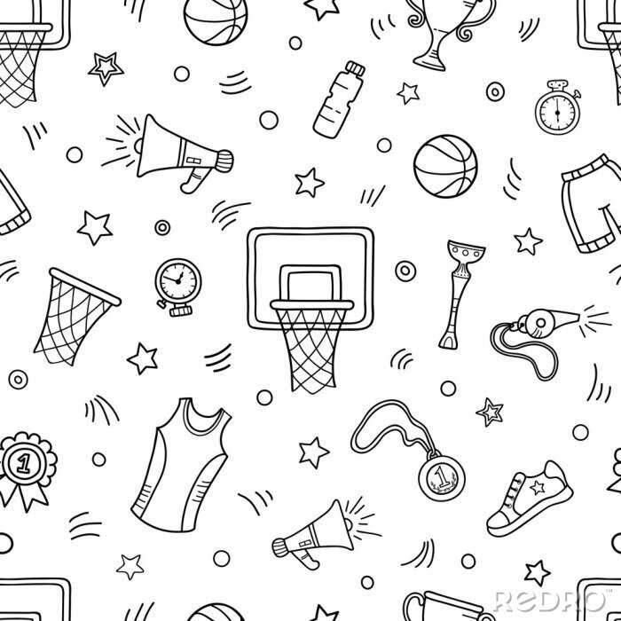Behang Seamless pattern of basketball objects and symbols. Basketball themed doodle.