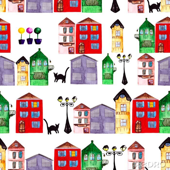 Behang Seamless pattern of colored houses. Amsterdam Street.