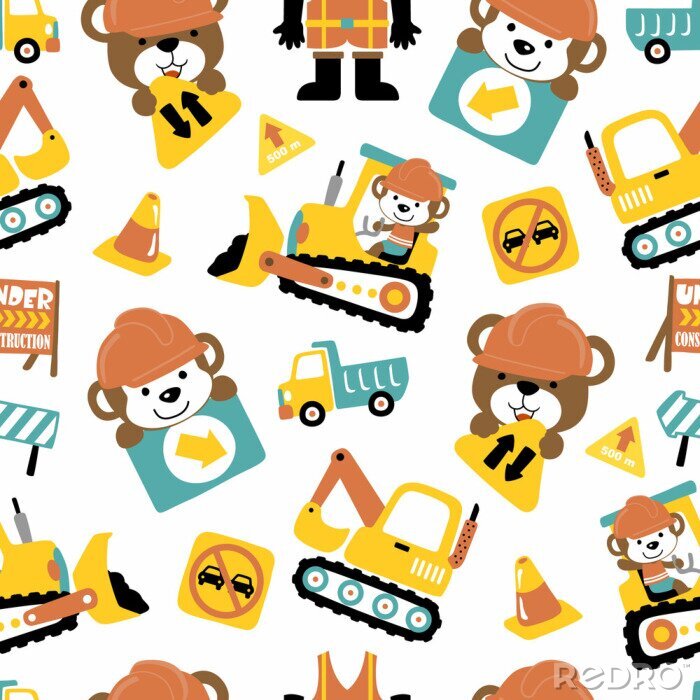 Behang Seamless pattern of construction vehicle cartoon with funny animals woorker