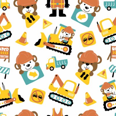 Behang Seamless pattern of construction vehicle cartoon with funny animals woorker