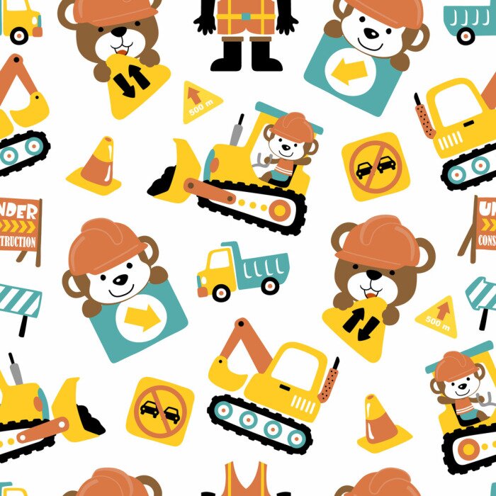 Behang Seamless pattern of construction vehicle cartoon with funny animals woorker