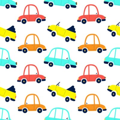 Behang Seamless pattern of cute cars, print for fabric, gift paper, textiles, wallpaper. Vector illustration for kids.