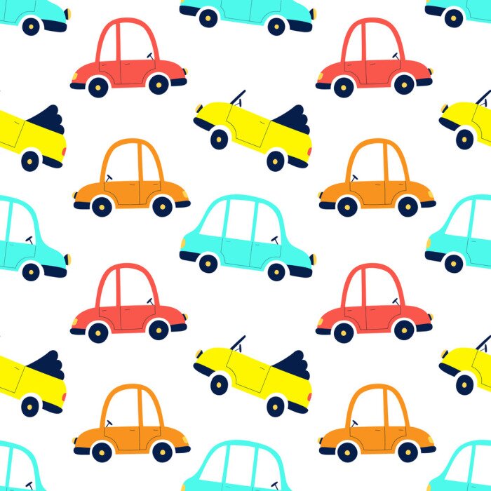 Behang Seamless pattern of cute cars, print for fabric, gift paper, textiles, wallpaper. Vector illustration for kids.