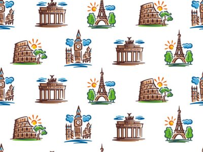 Behang Seamless pattern of European attractions. Vector illustration of European capitals.