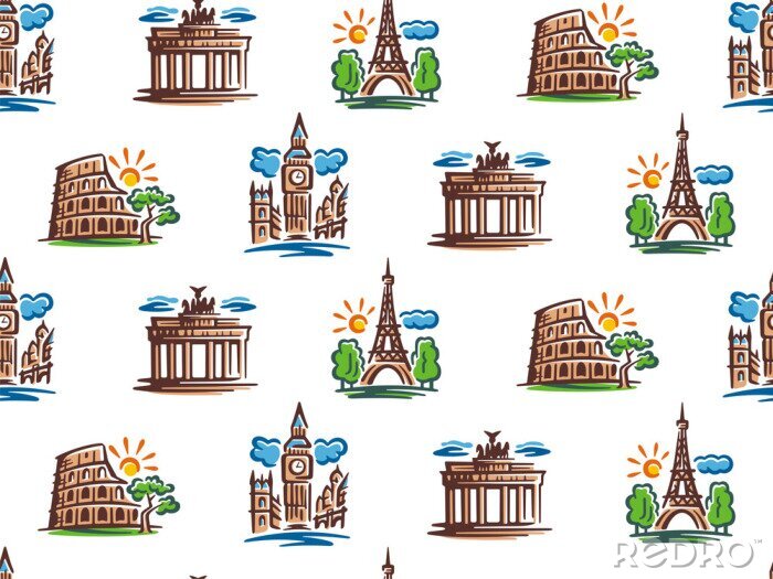 Behang Seamless pattern of European attractions. Vector illustration of European capitals.
