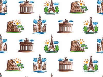 Behang Seamless pattern of European attractions. Vector illustration of European capitals.