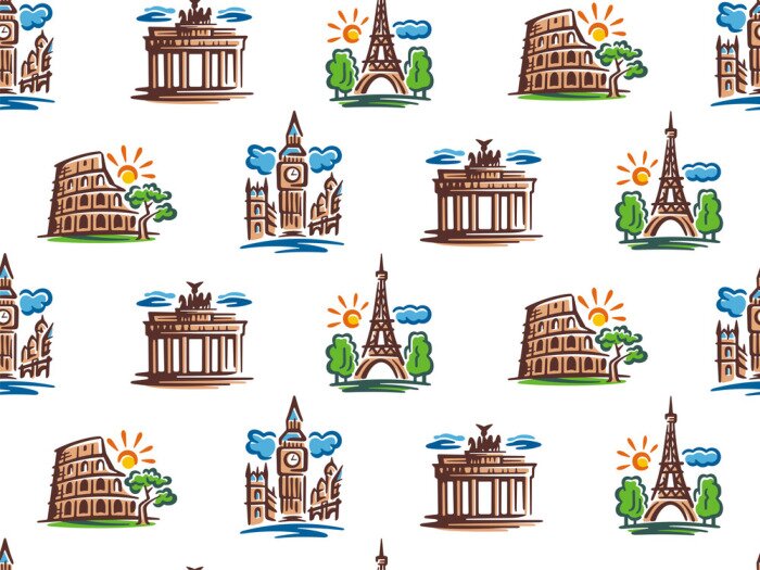 Behang Seamless pattern of European attractions. Vector illustration of European capitals.