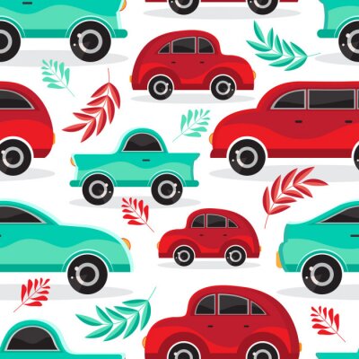 Behang Seamless pattern of green and red cartoon car in flat vector. Transport vehicle. Children's cute background toy car. Fun design for textiles, paper, fabric, packaging, Wallpaper,
