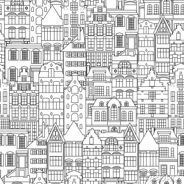 Behang Seamless pattern of Holland old houses facades. Traditional architecture of Netherlands. Line style black and white vector isolated illustrations in the Dutch style. For coloring, design, background.