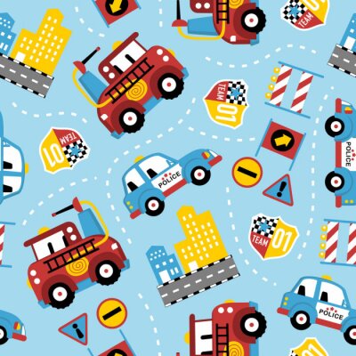 Behang seamless pattern of rescue team cartoon. Firefighter, police car, in the city.