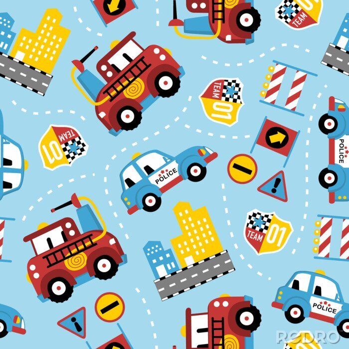 Behang seamless pattern of rescue team cartoon. Firefighter, police car, in the city.