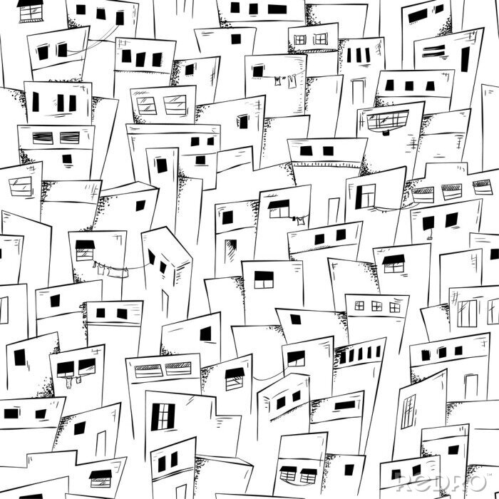 Behang Seamless pattern of slum city in black and white. Vector background