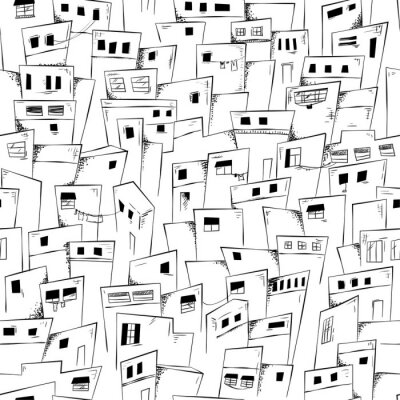 Behang Seamless pattern of slum city in black and white. Vector background