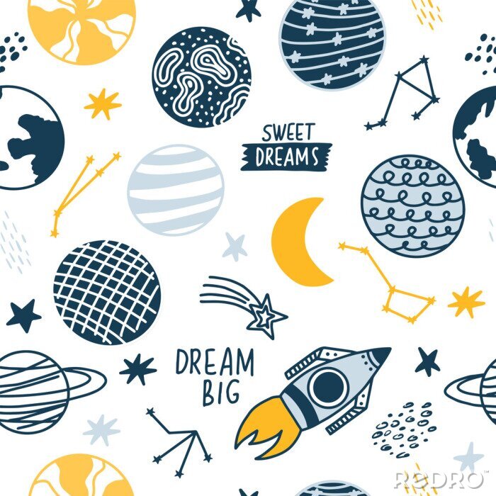 Behang Seamless pattern of space elements