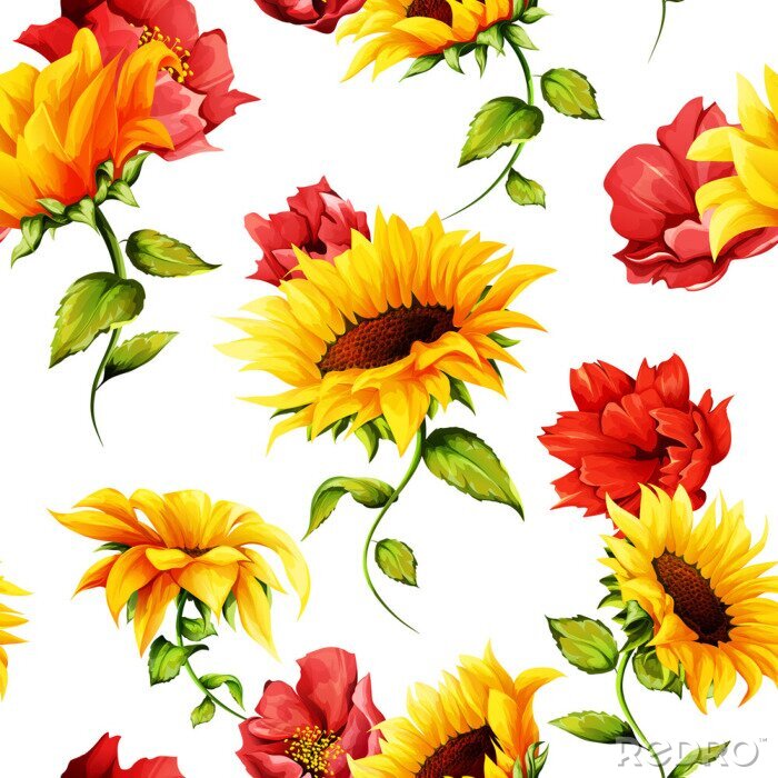 Behang Seamless pattern of sunflowers with pomegranate buds on white. Abstract. Hand drawn. Watercolor. Vector - stock