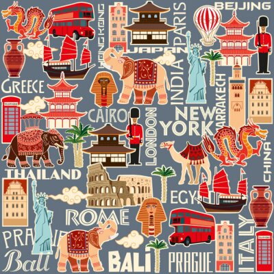 Behang Seamless pattern of tourist attractions and objects of different countries. Vector color graphics
