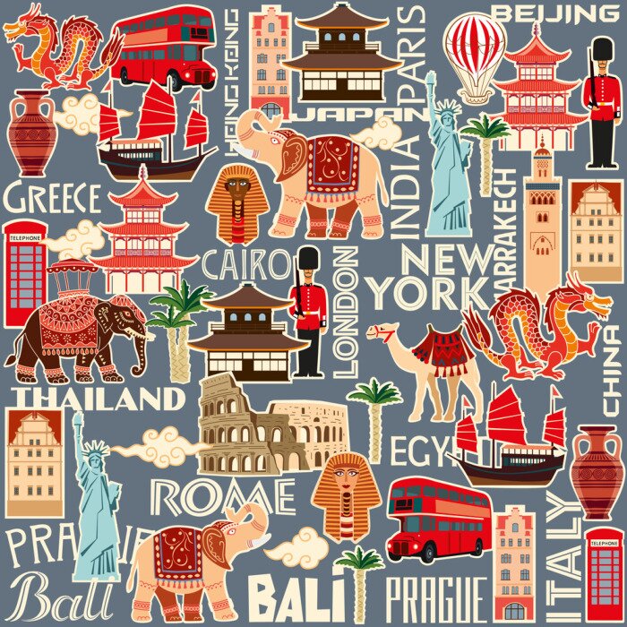 Behang Seamless pattern of tourist attractions and objects of different countries. Vector color graphics