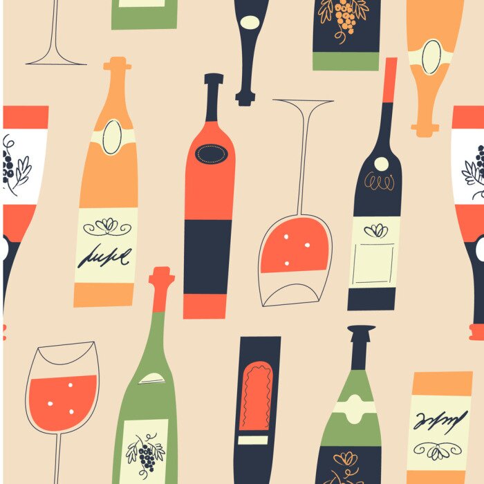Behang Seamless pattern of wine bottles and glasses. Vector illustration.