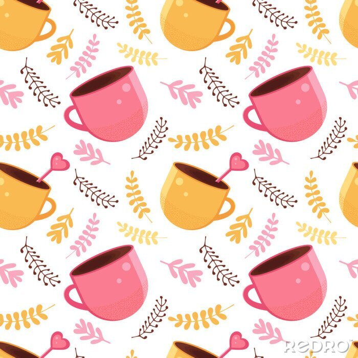 Behang Seamless pattern of yellow and pink color with a mug of hot chocolate, cocoa or coffee with a spoon in the shape of a heart. Warming winter drink in the vector. Background for textile, paper, fabric.