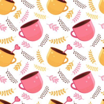 Behang Seamless pattern of yellow and pink color with a mug of hot chocolate, cocoa or coffee with a spoon in the shape of a heart. Warming winter drink in the vector. Background for textile, paper, fabric.