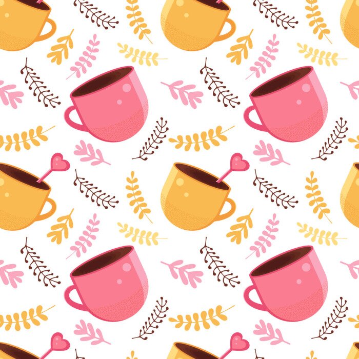 Behang Seamless pattern of yellow and pink color with a mug of hot chocolate, cocoa or coffee with a spoon in the shape of a heart. Warming winter drink in the vector. Background for textile, paper, fabric.