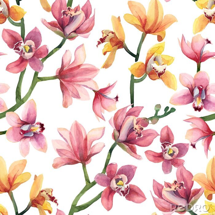 Behang Seamless pattern of yellow, rose orchid flowers and leaves isolated on white background.