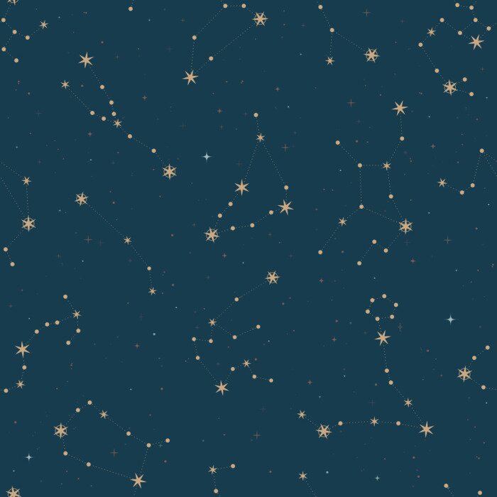 Behang Seamless pattern of zodiac constellations. Gold stars on dark virid background. Astrology print, mystic zodiac signs.