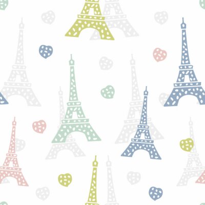 Behang Seamless pattern Paris. French background with Eiffel Tower and hearts