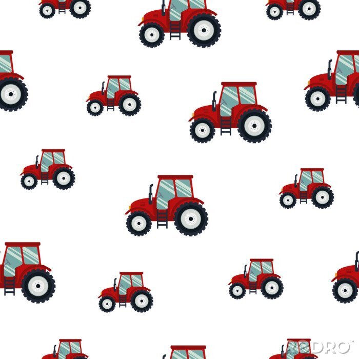 Behang Seamless pattern red tractor on white background. Agricultural transport for farm in flat style - vector illustration. Farming vehicle