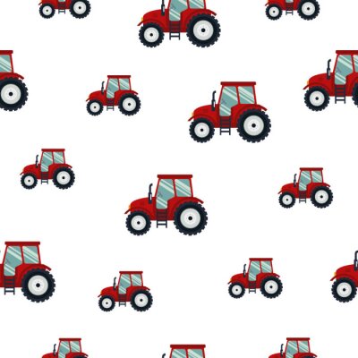 Behang Seamless pattern red tractor on white background. Agricultural transport for farm in flat style - vector illustration. Farming vehicle