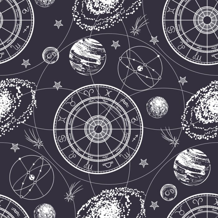 Behang Seamless pattern. Signs of the zodiac, ecliptic, stars, galaxies and planets.