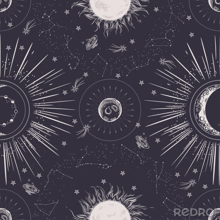 Behang Seamless pattern. Signs of the zodiac, phases of the moon, sun and moon. Engraving style. Vintage background.